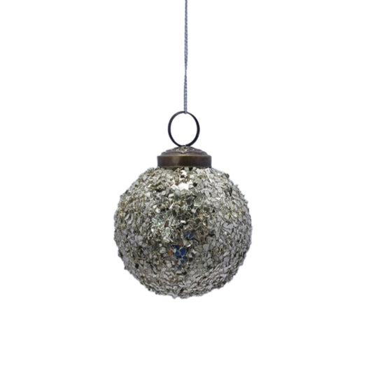 Textured Sequin Glass Ball Orn. - 3" Silver/Platinum