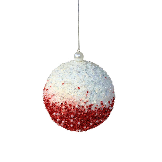 Dazzling Sequin Pearl Ombre Ball Ornament - White/Red 4.75” | YK