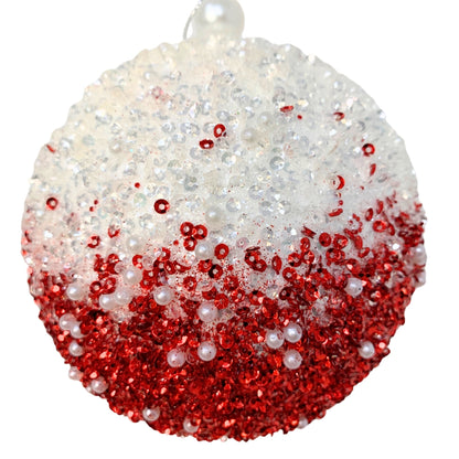 Dazzling Sequin Pearl Ombre Ball Ornament - White/Red 4.75” | YK