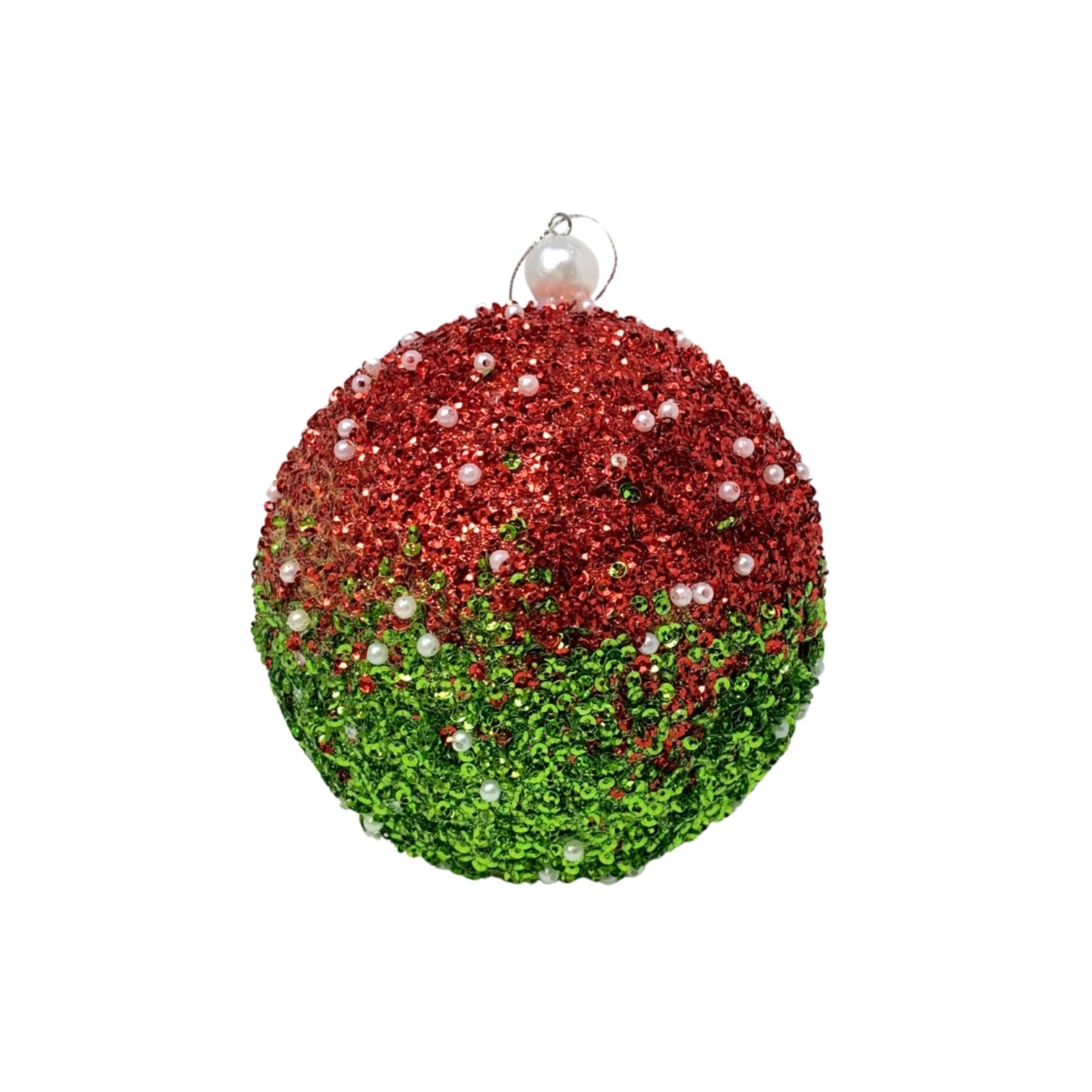 Dazzling Sequin Pearl Ombre Ball Ornament - Green/Red 4.75” | YK