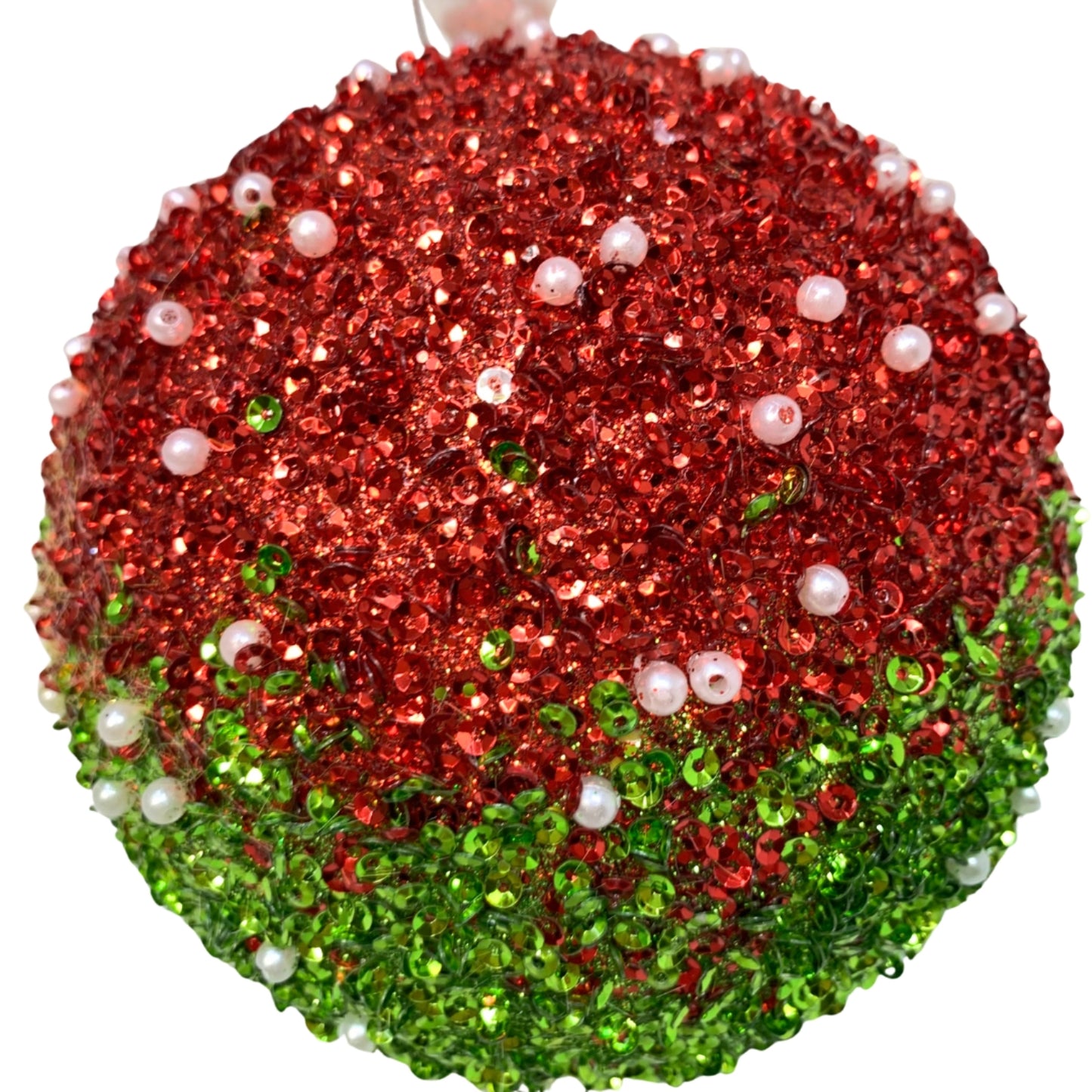 Dazzling Sequin Pearl Ombre Ball Ornament - Green/Red 4.75” | YK