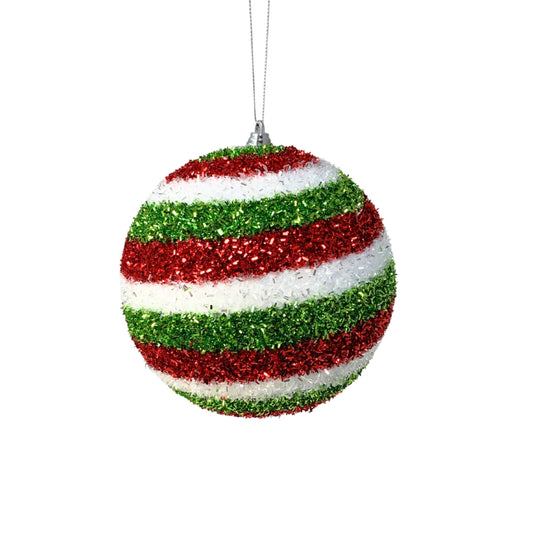 Cut Tinsel Stripe Ball Ornament - Red/White/Green 6” | YK