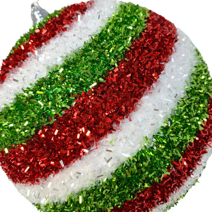 Cut Tinsel Stripe Ball Ornament - Red/White/Green 6” | YK