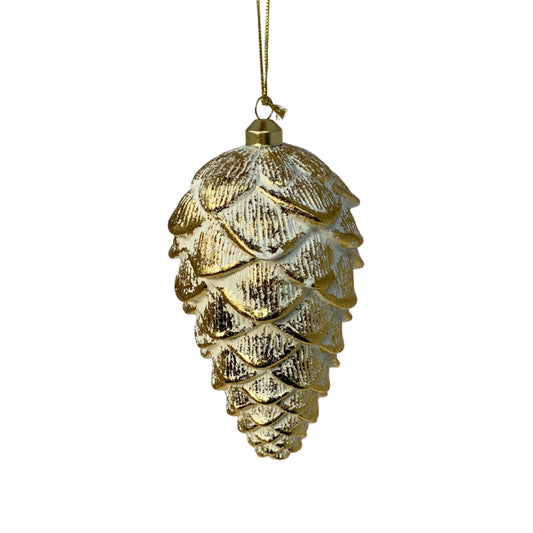 O Holy Night Metallic Pinecone Ornament - Gold/Cream 8” | YK