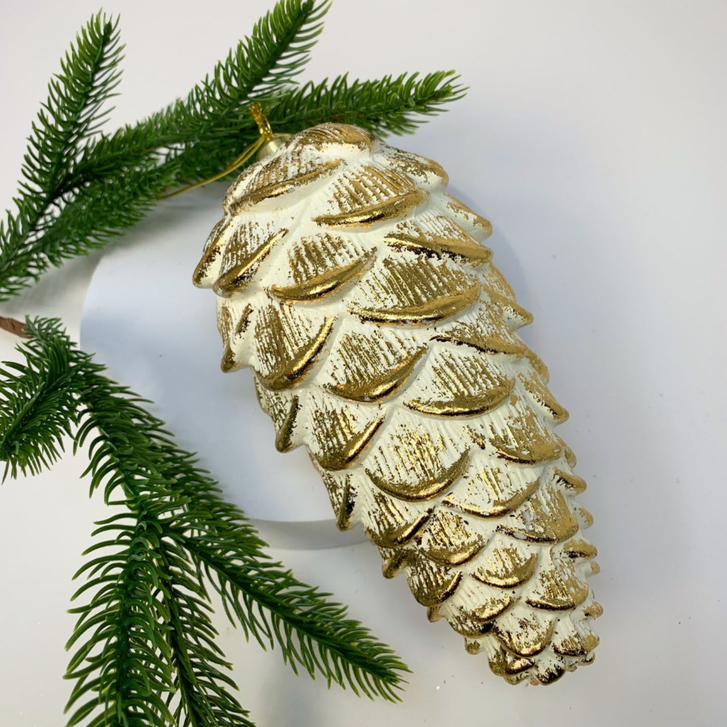 O Holy Night Metallic Pinecone Ornament - Gold/Cream 8” | YK