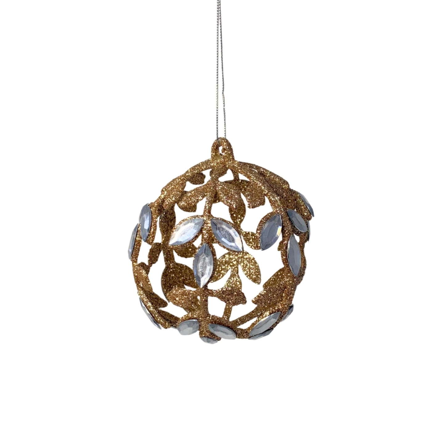 Ornate Open Glitter Vine Jewel Ball Ornament - Champagne 3.5” | YK