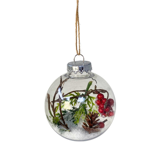 Crisp Winter Morning Snowy Pine Berry Ball Ornament 3.5” | YK