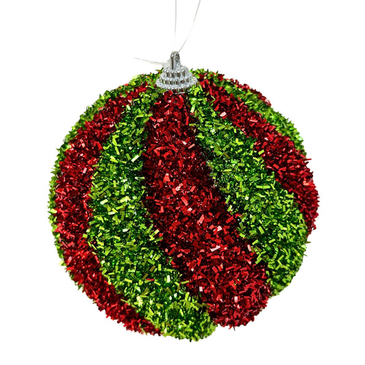 Cut Tinsel Rippled Striped Ball Ornament - Red/Green 4.25” |KS