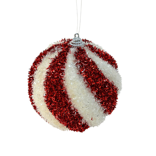 Cut Tinsel Rippled Striped Ball Ornament - White/Red 4.25” |KS