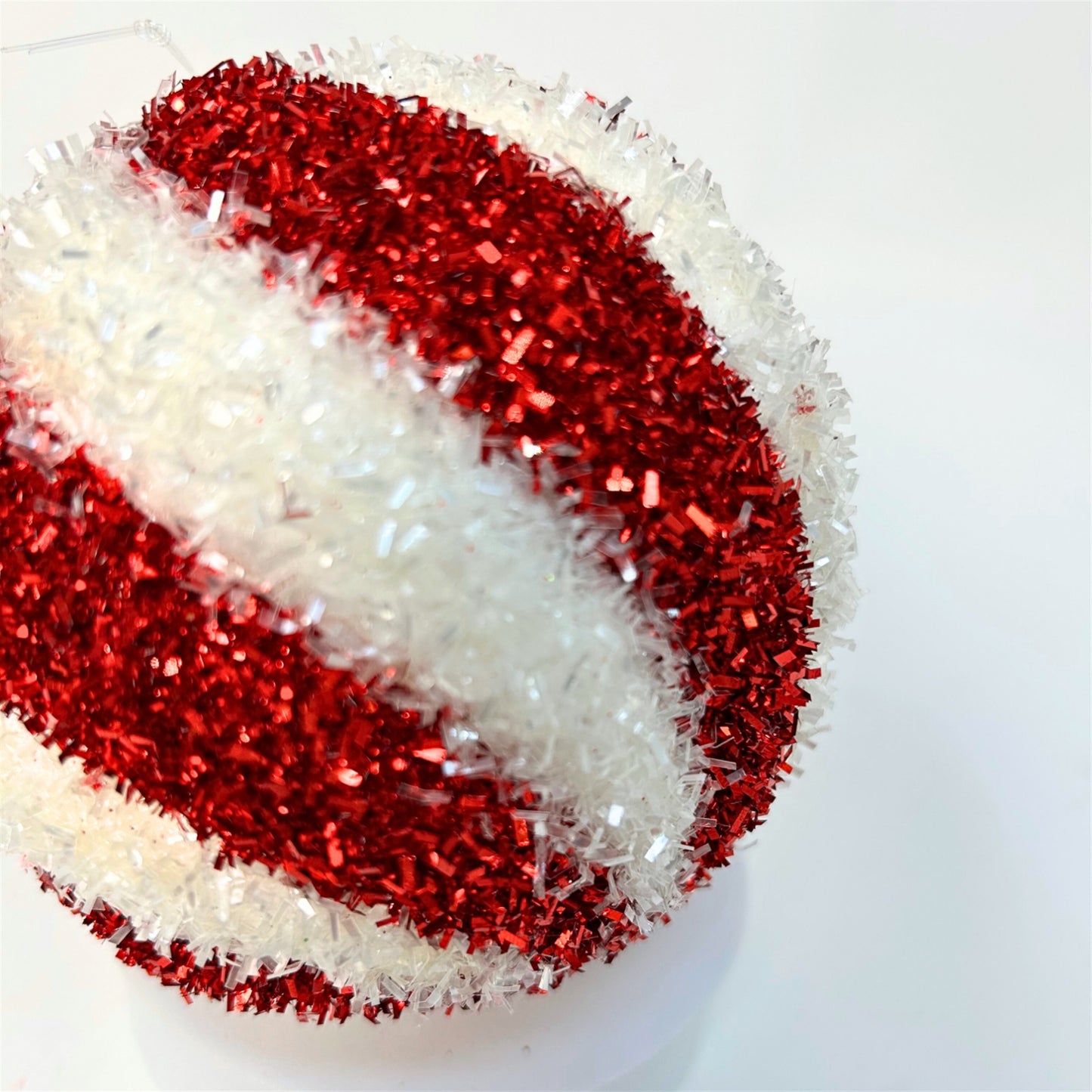 Cut Tinsel Rippled Striped Ball Ornament - White/Red 4.25" |KS