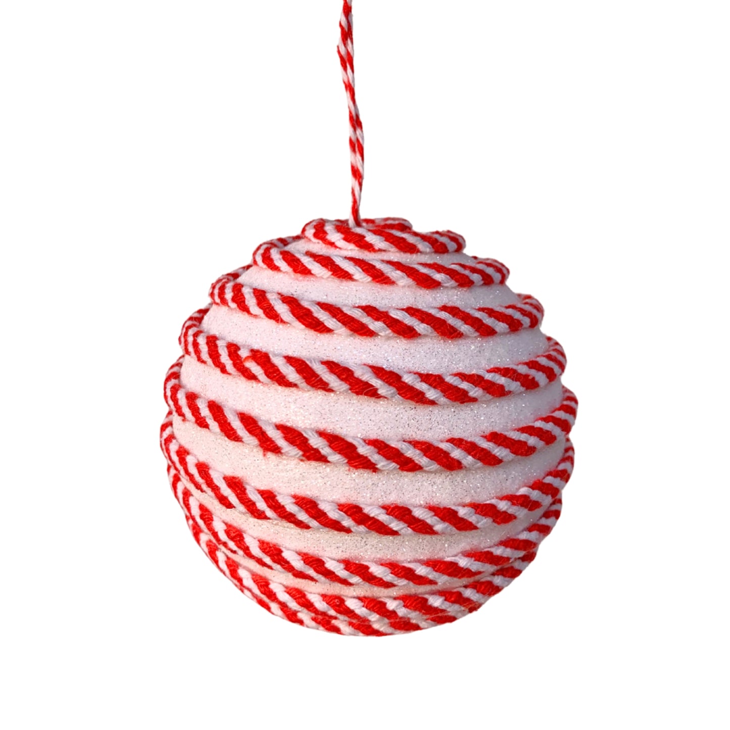 White Glitter Ball with Peppermint Red/White Stripe Ornament 4.5” |KS