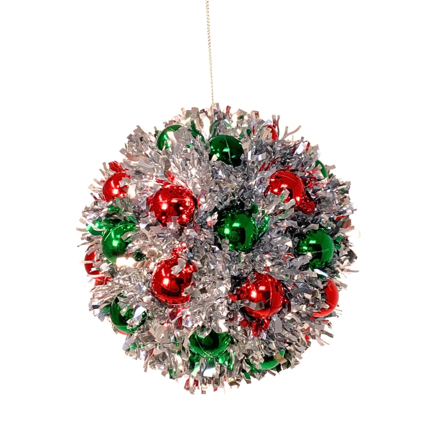 Silver Metallic Tinsel Mini Red and Green Ball Ornament 6.25” |KS