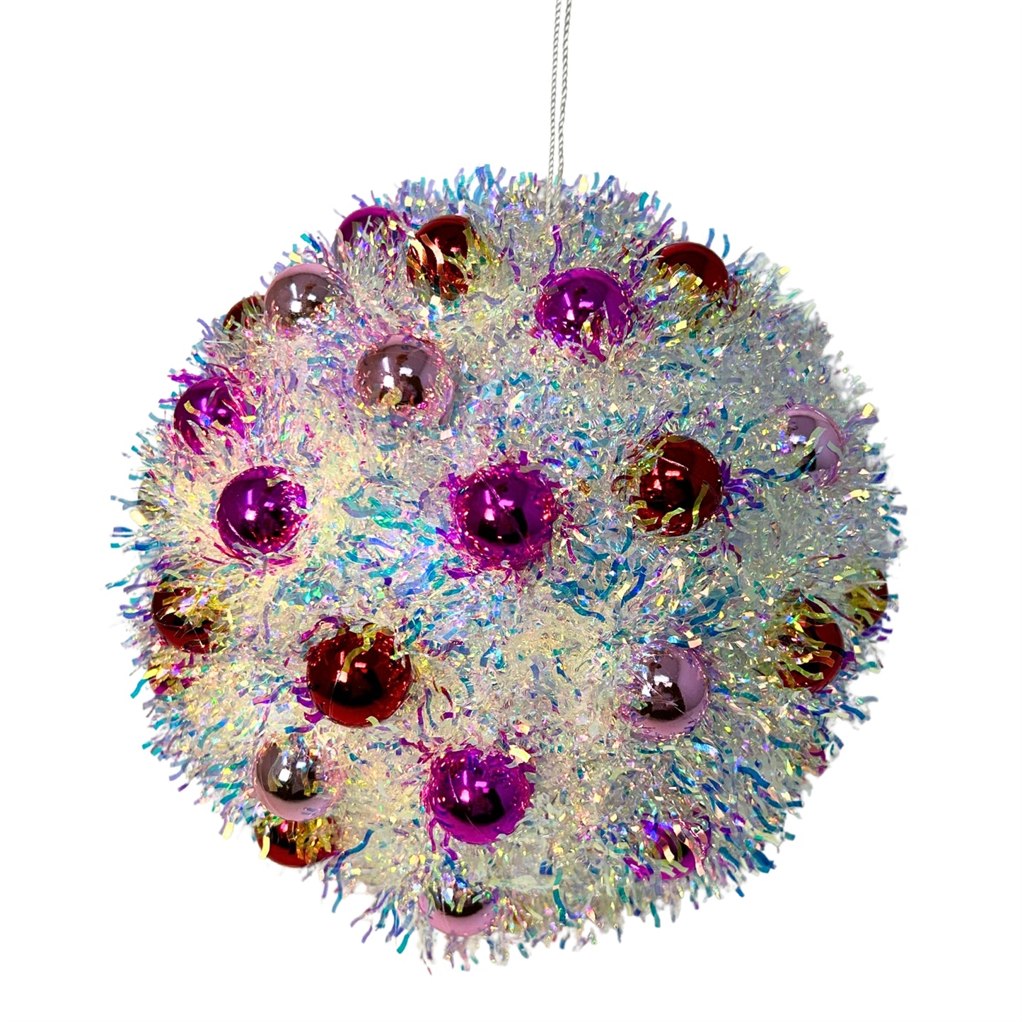 Iridescent Metallic Tinsel Mini Red/Pink/HT Pink Ball Ornament 8.5” |KS