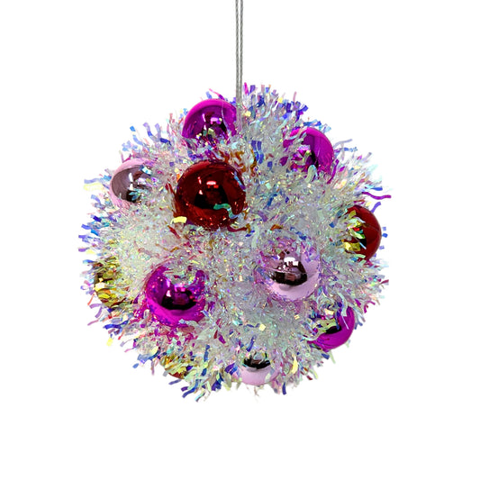Iridescent Metallic Tinsel Mini Red/Pink/HT Pink Ball Ornament 4.5” |KS