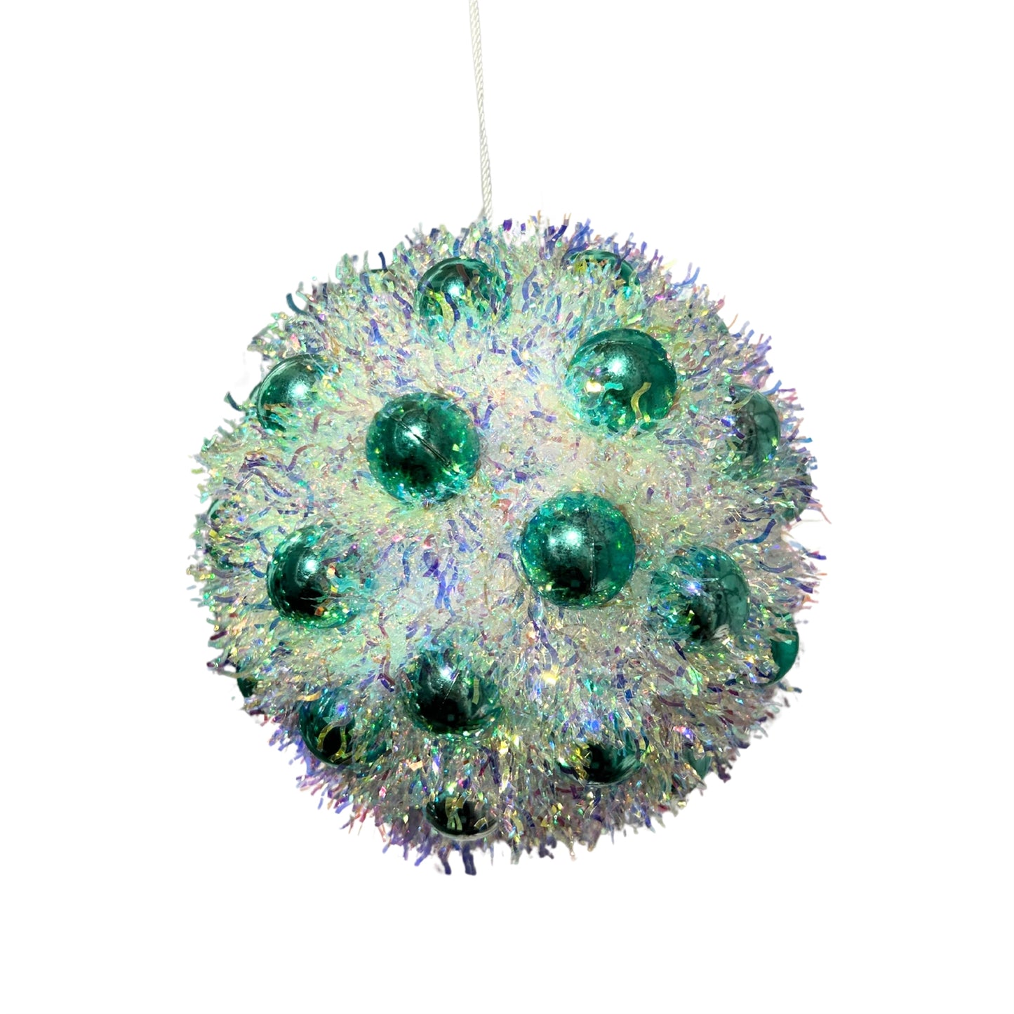 Iridescent Metallic Tinsel Mini Aqua Ball Ornament 6.25” |KS