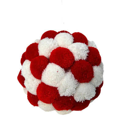 Mini Pom Pom Red/White Ball Ornament 4.5" |KS