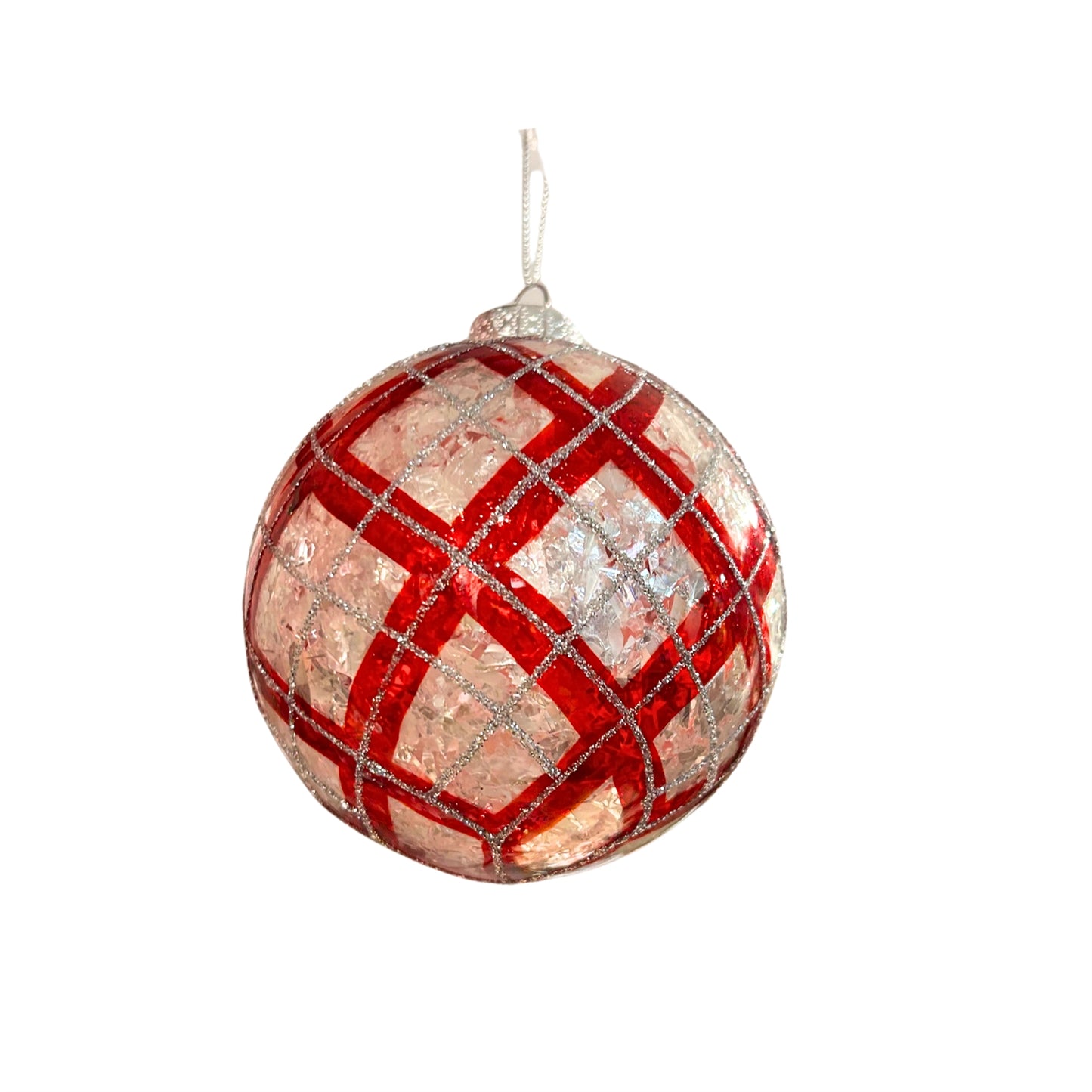 Red Check Plaid With Silver Glitter Ornament 4” | LC