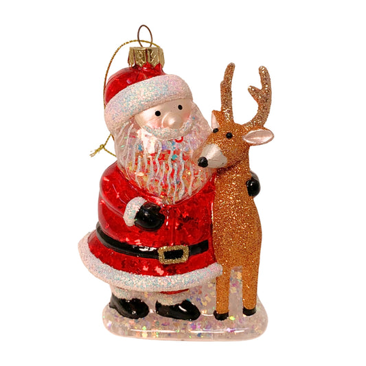Santa and Glitter Deer Ornament 3.5" | TG