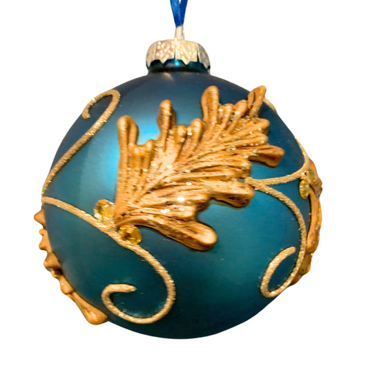 Winter Blue Embossed Gold Ornament 4"