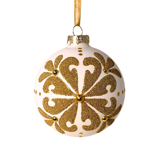 White Glass Ornament with Gold Snowflake 4" | TG