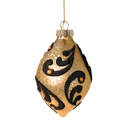 Mercury Gold Black Embossed Glass Finial Ornament 4" | TG