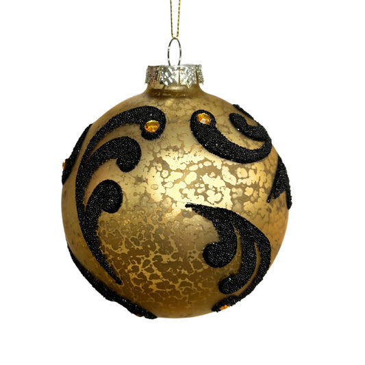 Mercury Gold Black Embossed Glass Ball Ornament 4" | TG