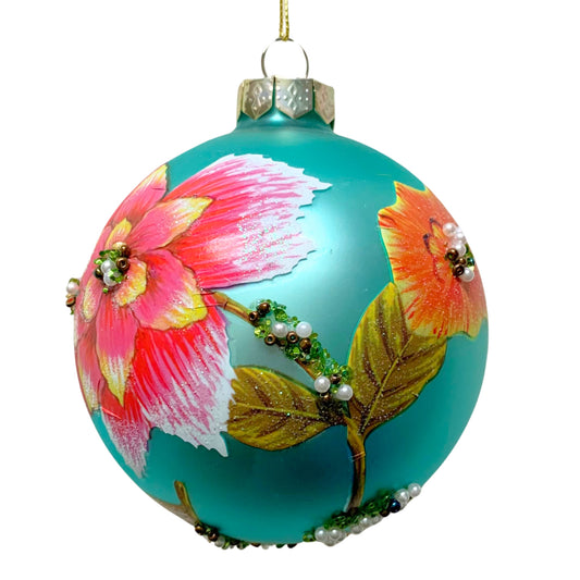 Flower Painting Glass Ornament Aqua 3.5" | TG