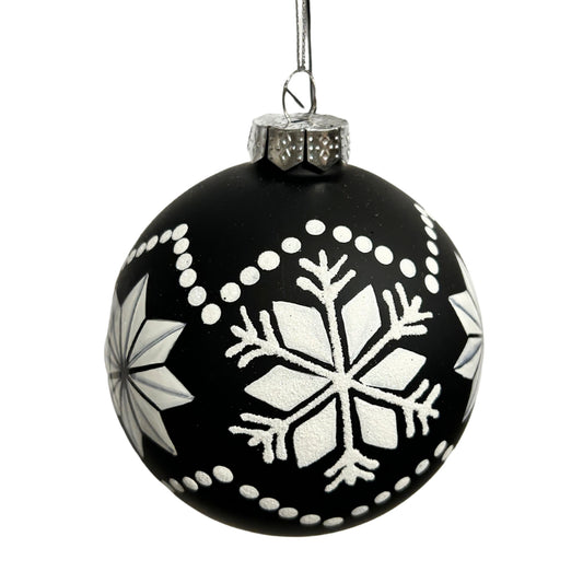 Black w/ White Snowflake Embossed Glass Ornament 4" | TG