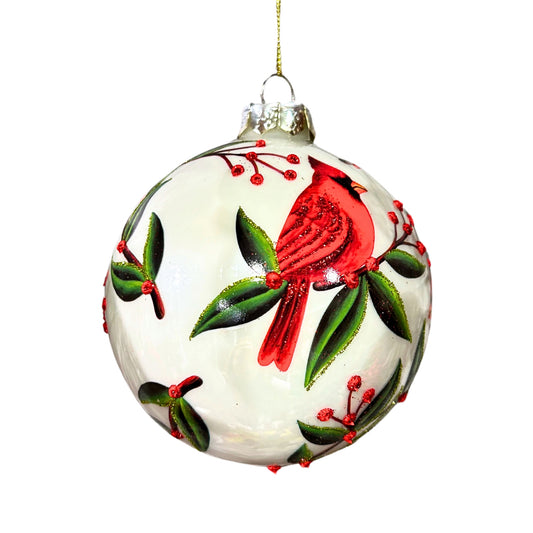 Christmas Foliage White Glass Ball Ornament 4" | TG
