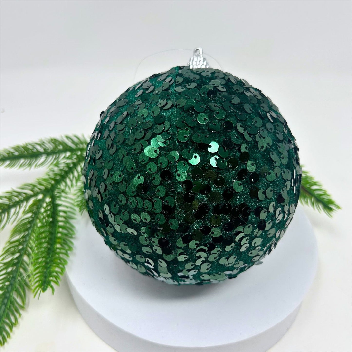 Faux Velvet Sequin Ornament - Dark Green 5”  | KS