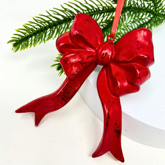 Plastic Hanging Bow Ornament - Red 4.25" | YK