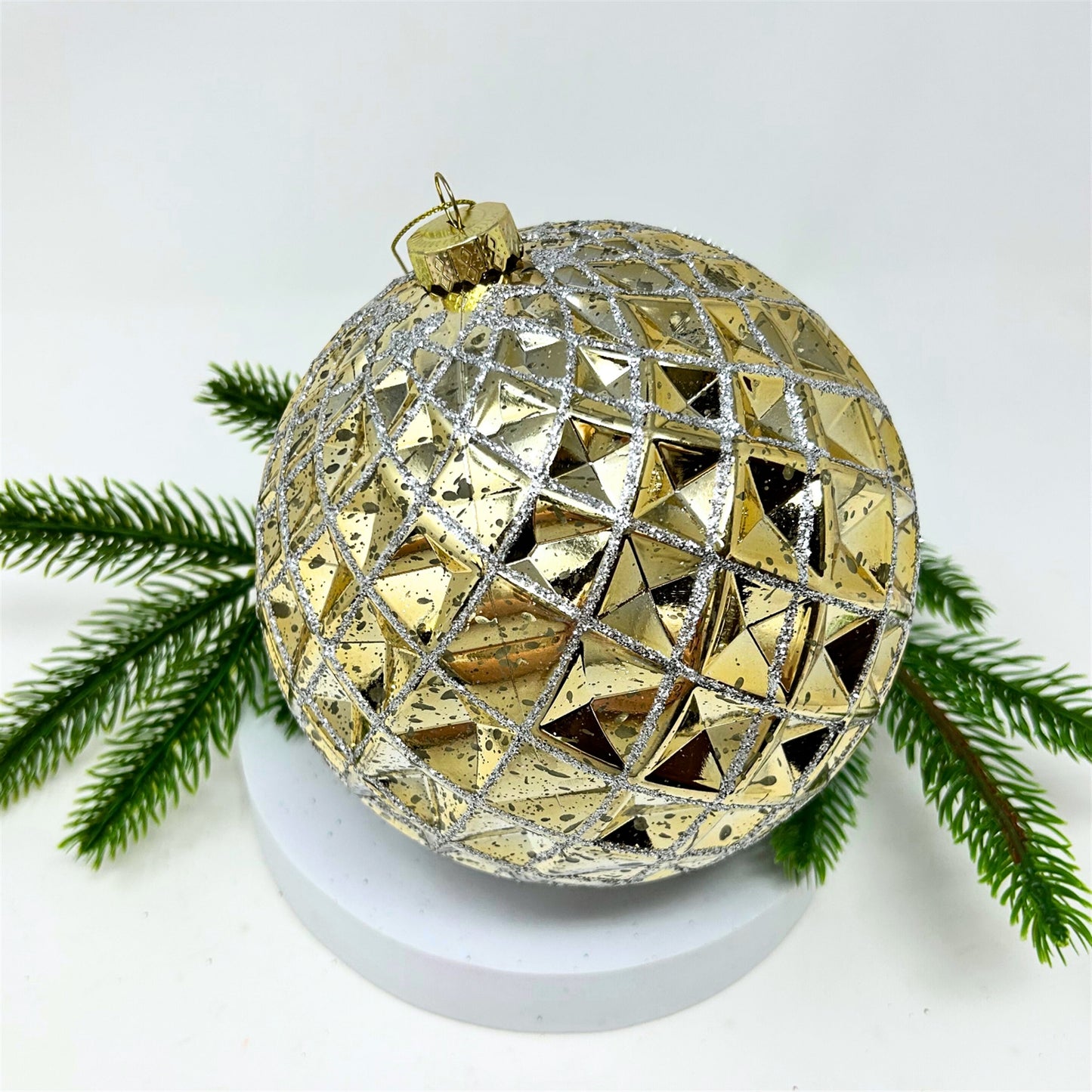 Mercury Finish Diamond Plastic Ball Ornament - Gold/Champ. 6" | YK