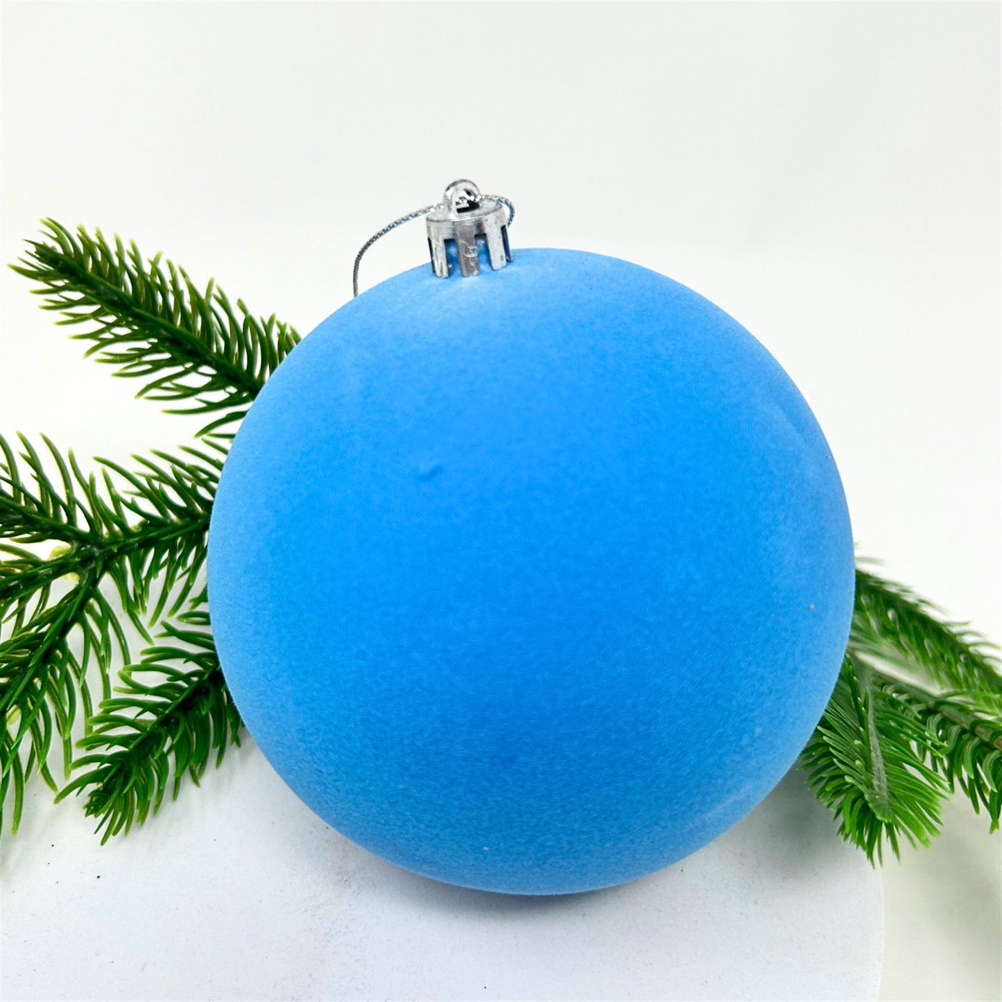 Plastic Flocked Ball Ornament - Ice Blue 4" | YK