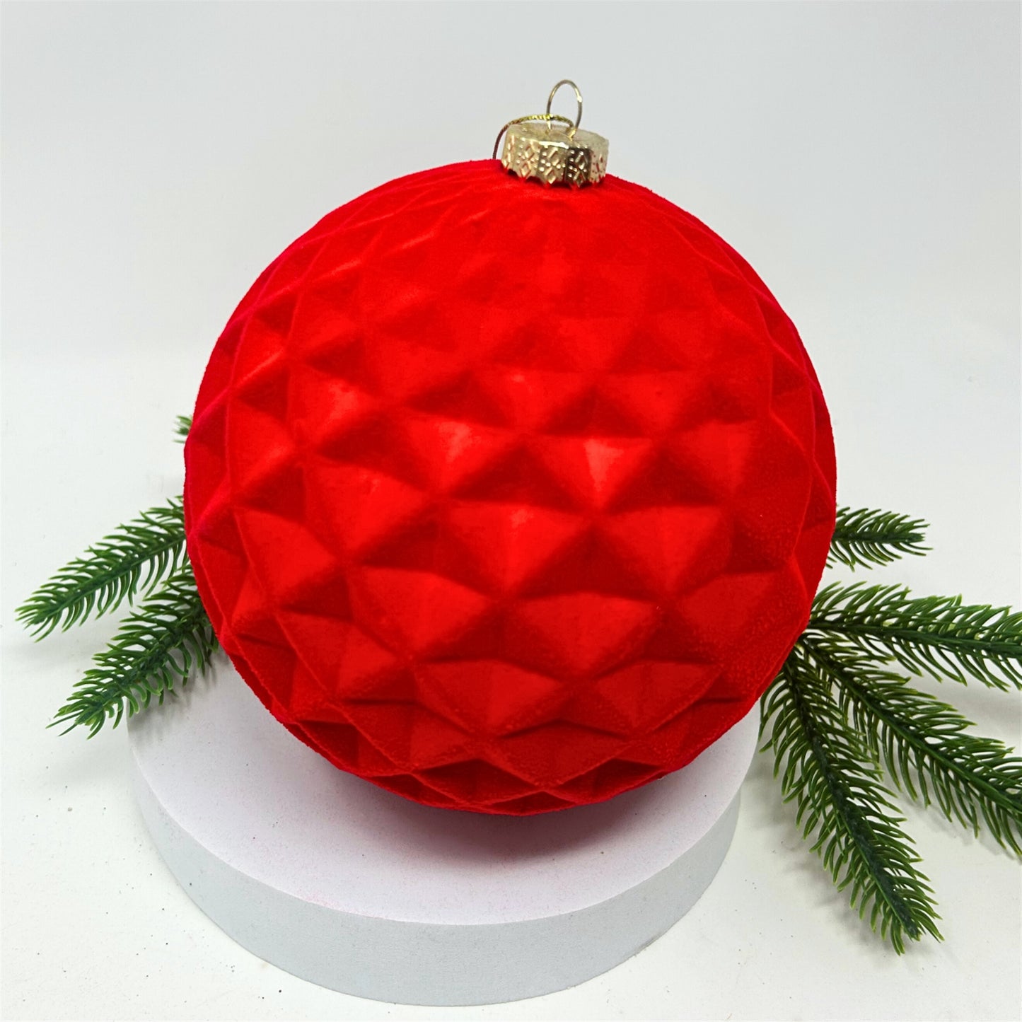 Plastic Flocked Diamond Ball Ornament - Cherry Red 6" | YK