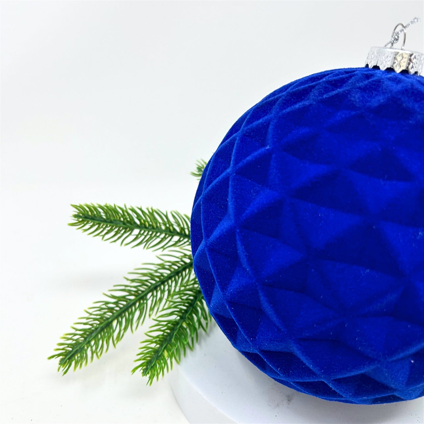 Plastic Flocked Diamond Ball Ornament - Sapphire Blue 6" | YK