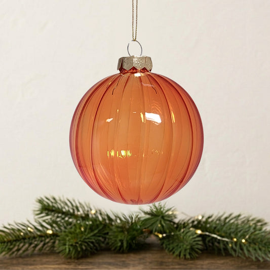 Vertical Stripe Orange Clear Glass Ball Ornament 4" | TG