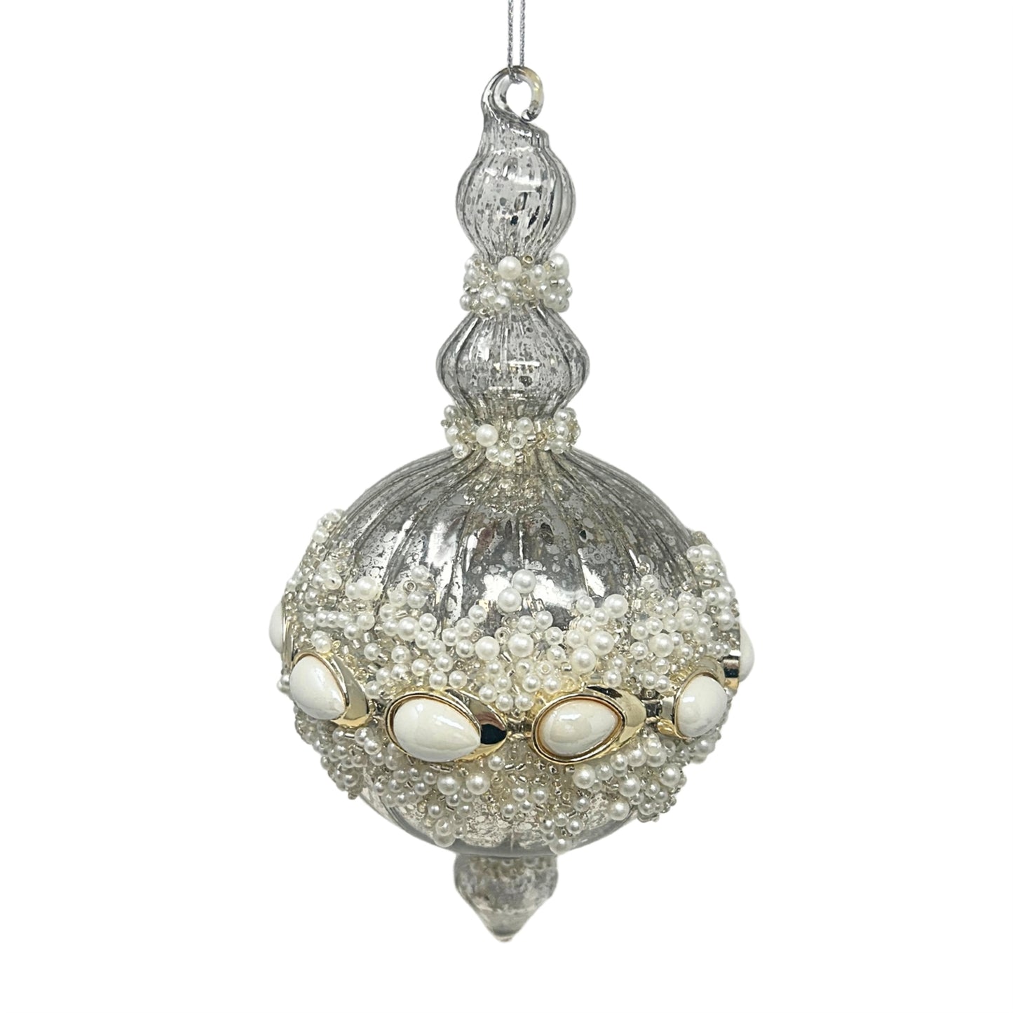 Mercury Glass Drop Finial Ornament w/ Pearl Center 7" | TG