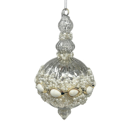 Mercury Glass Drop Finial Ornament w/ Pearl Center 7" | TG