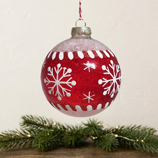 Red/White Snowflake Glass Ball Ornament 4" | TG