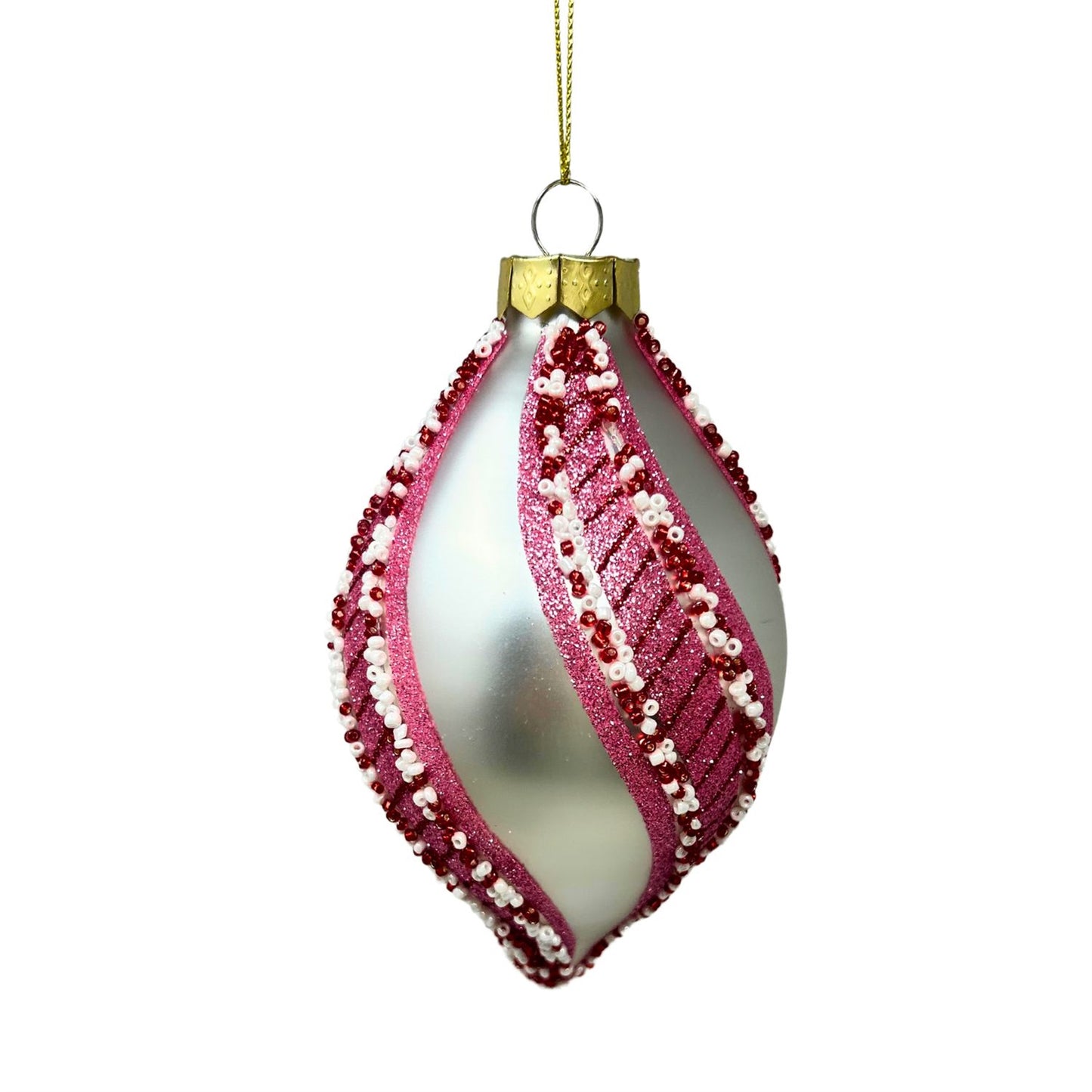 Pearl Glass Finial Ornament w/ Peppermint Stripe - Red/Pink/White 5.25" | TG