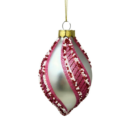 Pearl Glass Finial Ornament w/ Peppermint Stripe - Red/Pink/White 5.25" | TG