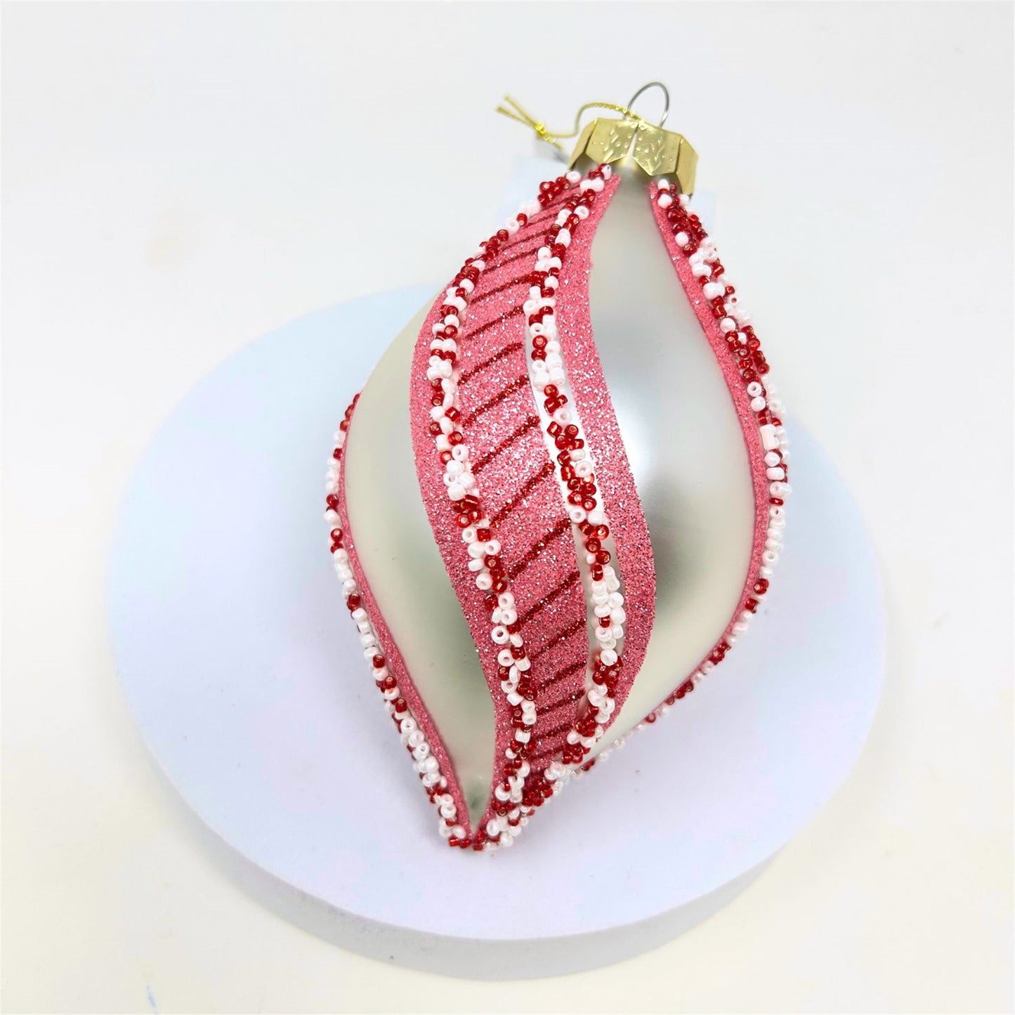 Pearl Glass Finial Ornament w/ Peppermint Stripe - Red/Pink/White 5.25" | TG