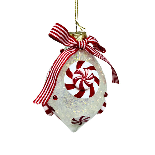 Iridescent Glass Peppermint Candy Finial Ornament w/ Bow 5.5" | TG