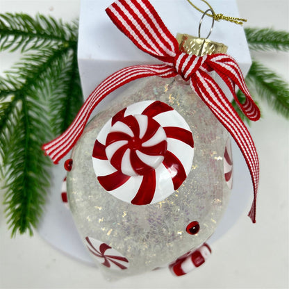 Iridescent Glass Peppermint Candy Finial Ornament w/ Bow 5.5" | TG