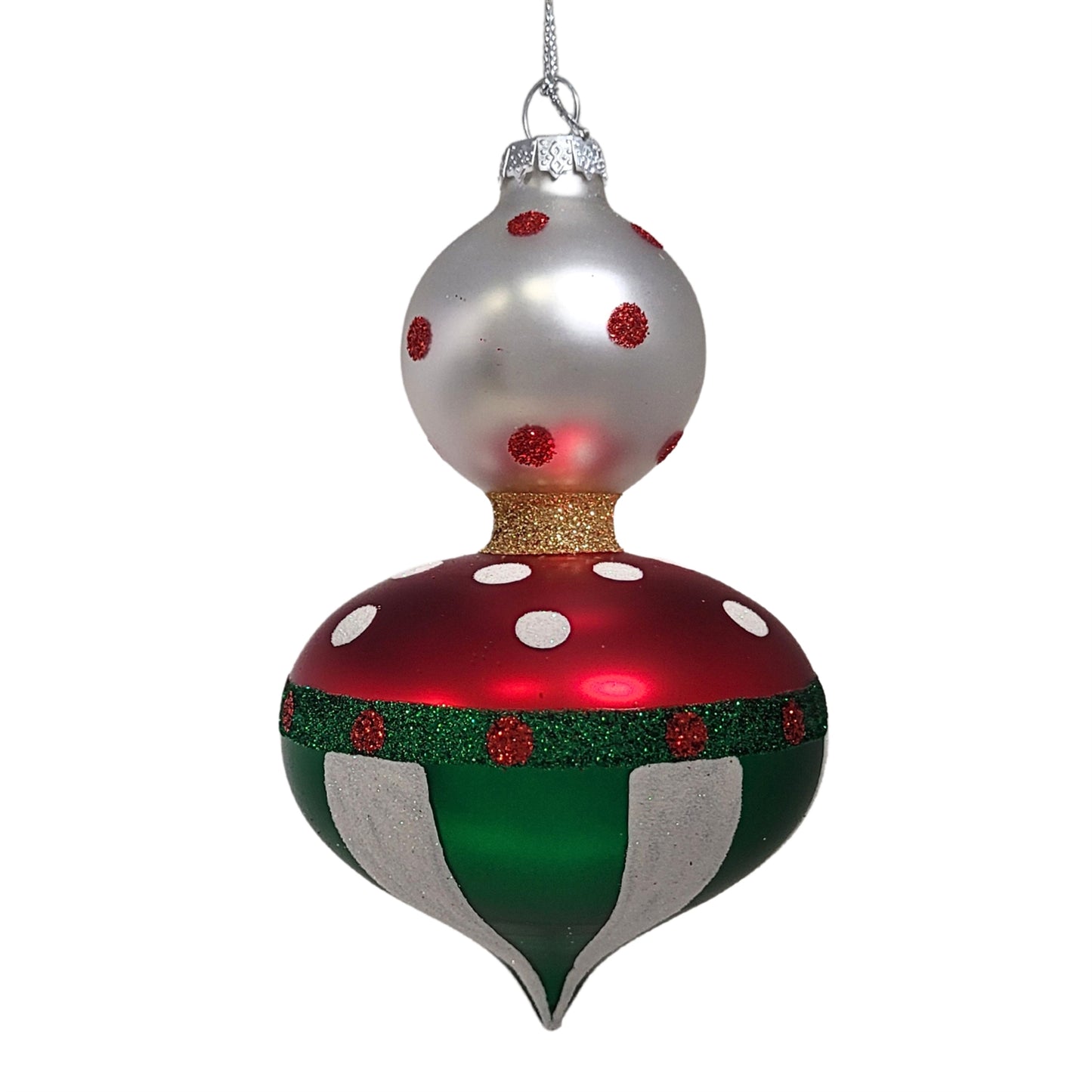 Glass Drop Finial Dot and Stripe Ornament - Red/White/Green 5.75" | TG