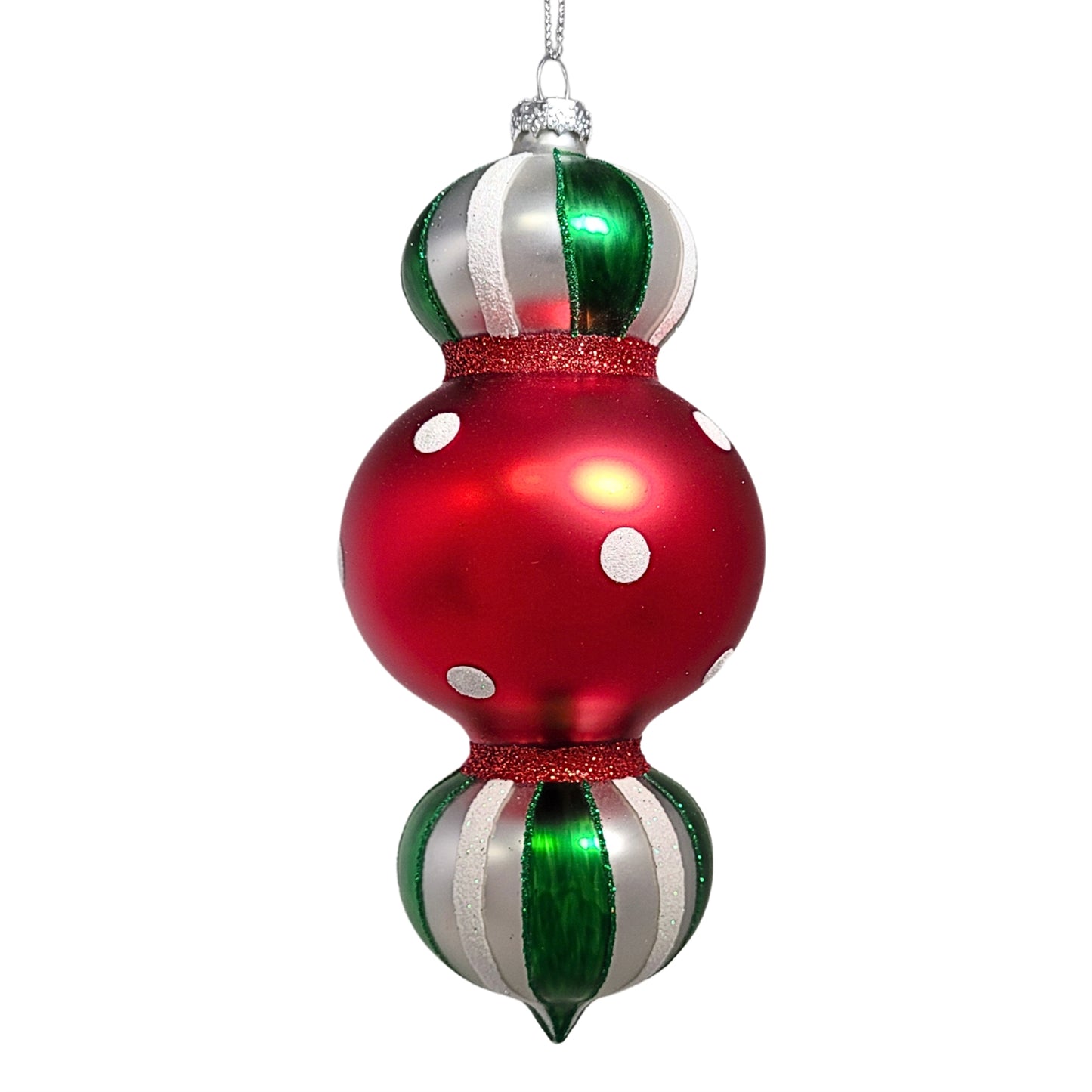 Glass Finial Dot and Stripe Ornament - Red/White/Green 7" | TG