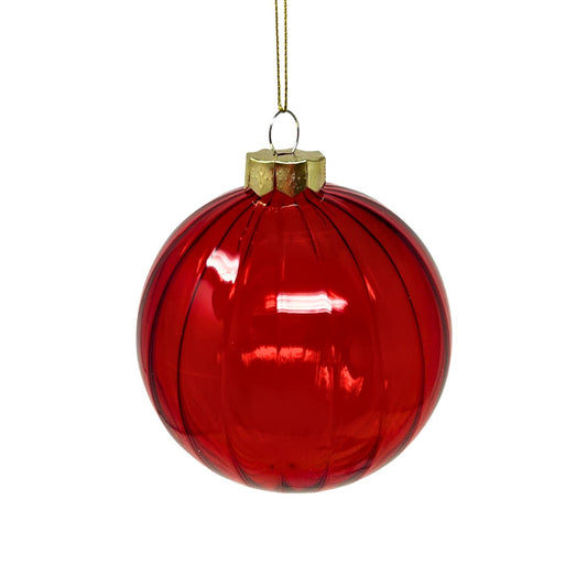 Vertical Stripe Red Clear Glass Ball Ornament 4" | TG