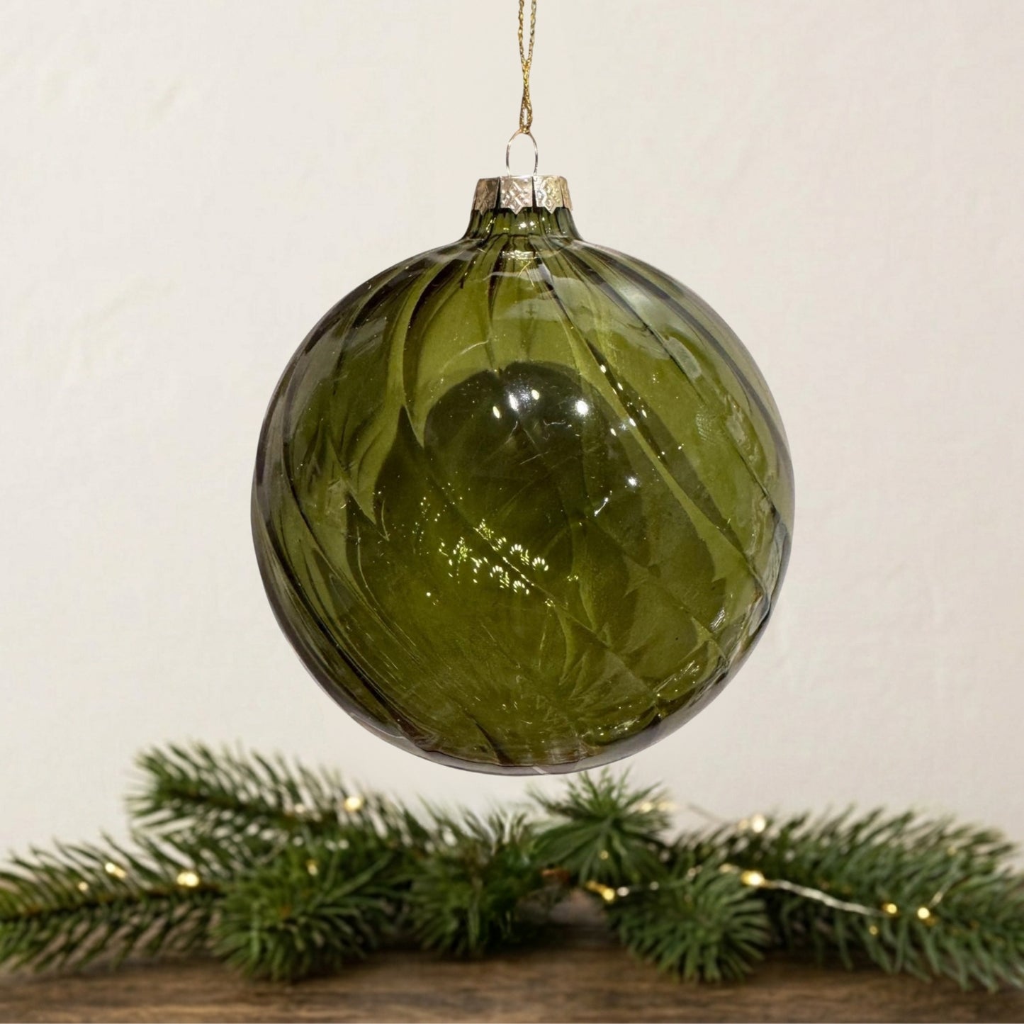 Vertical Stripe Olive Green Glass Ball Ornament 4" | TG TG