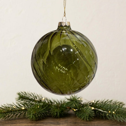 Vertical Stripe Olive Green Glass Ball Ornament 4" | TG TG