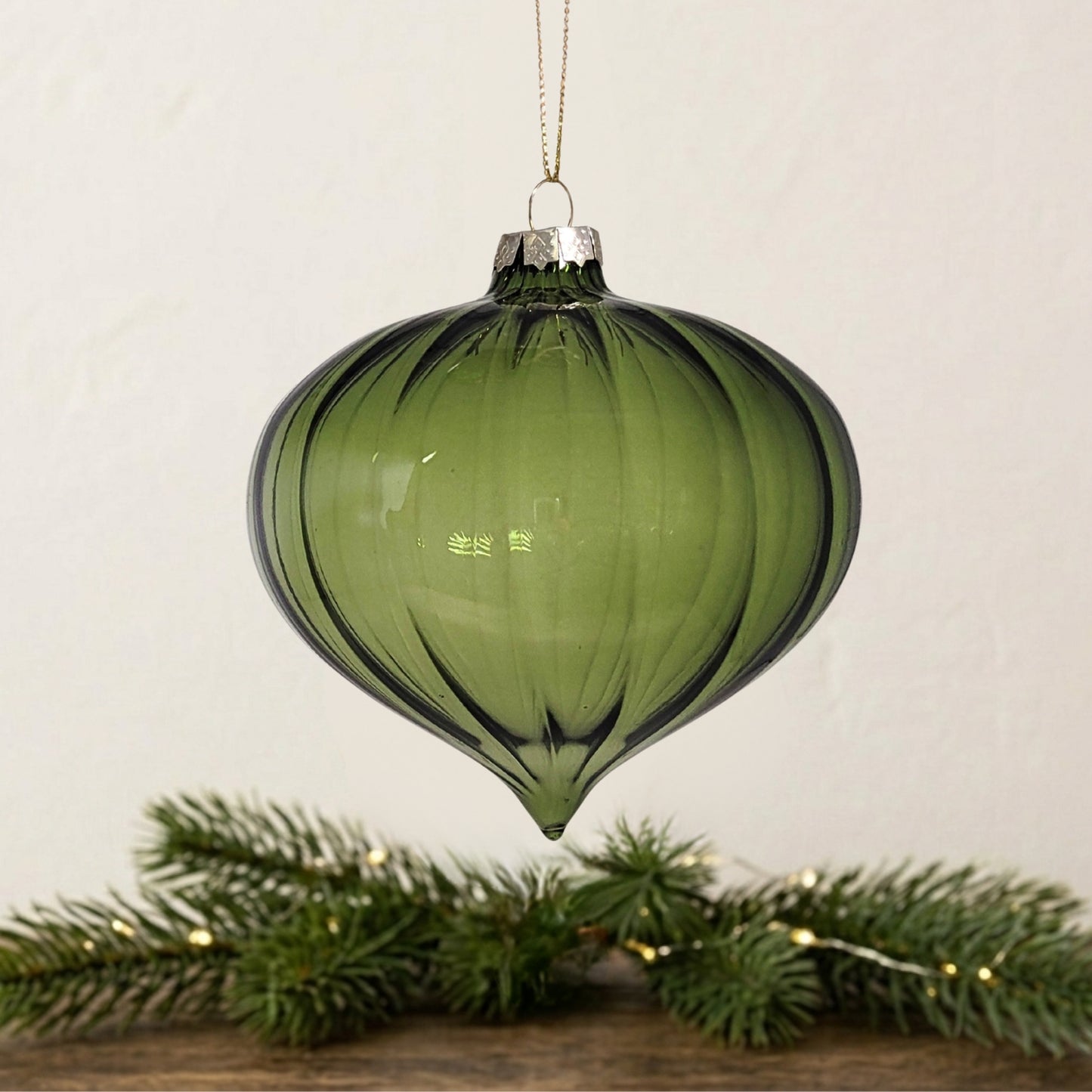 Vertical Stripe Olive Green Glass Onion Finial Ornament 4" | TG TG
